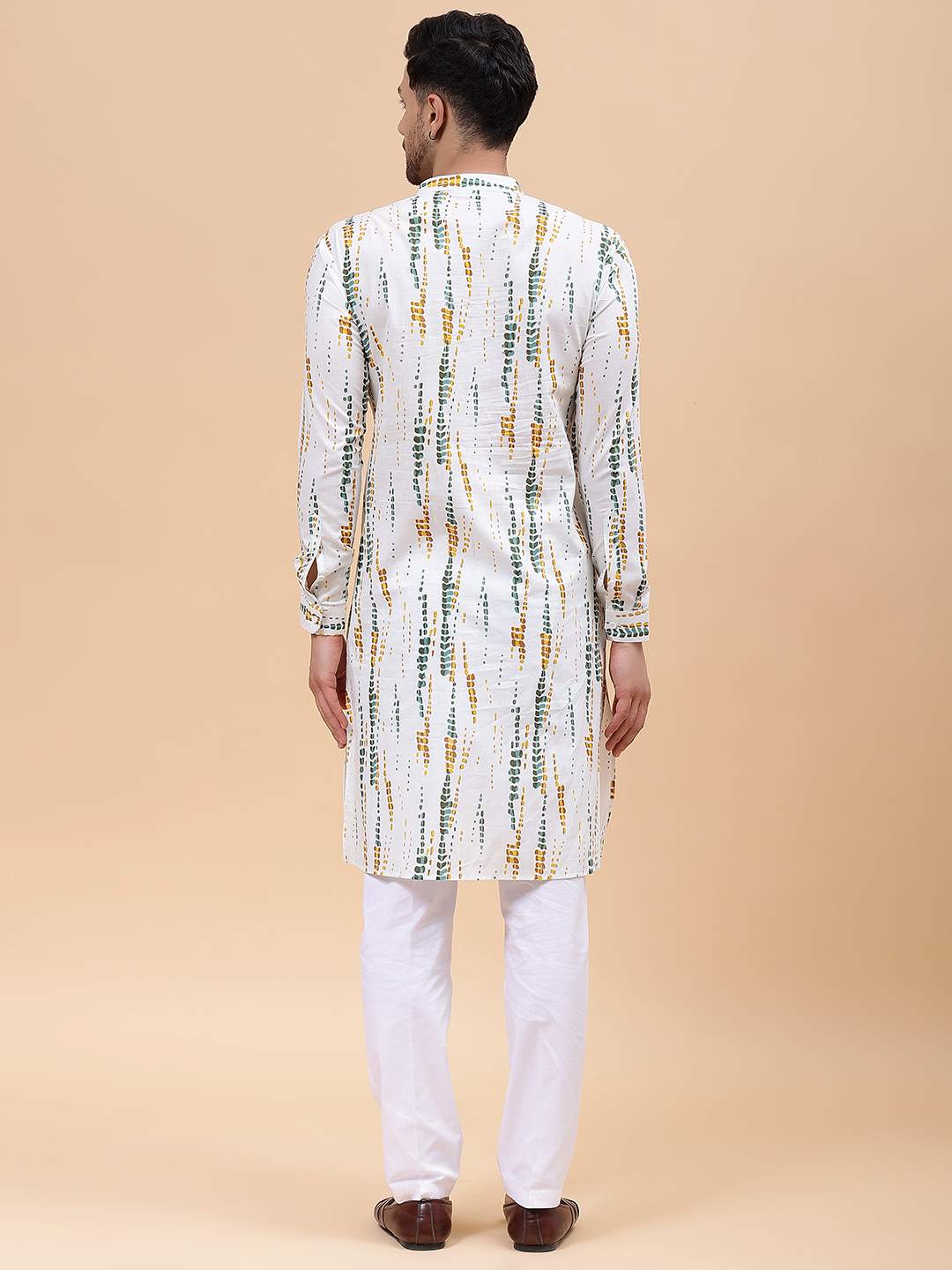 Men White & Mustard Pure Cotton Printed Straight Kurta