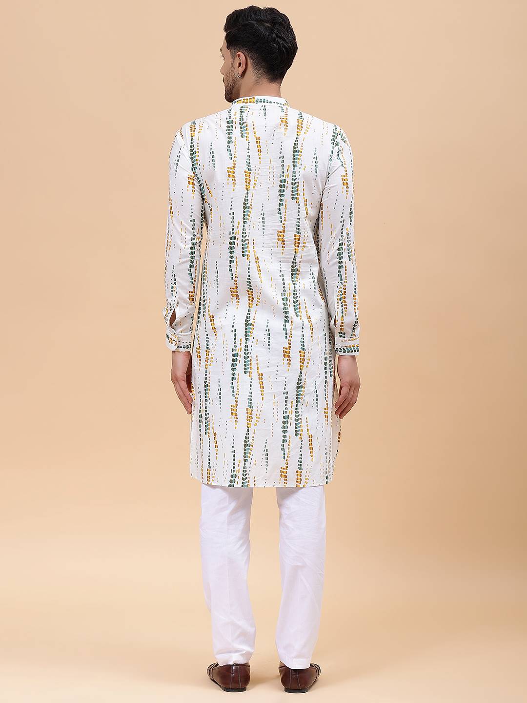 Men White & Mustard Pure Cotton Printed Straight Kurta With Pajama