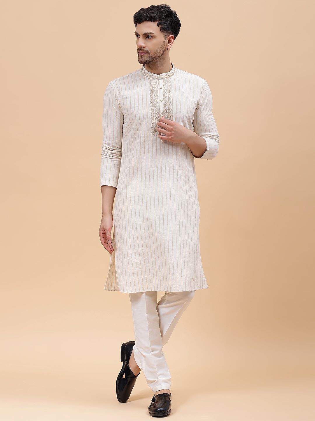 Men Beige & Gold Silk Woven Design Straight Kurta