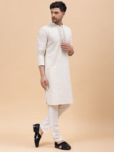 Men Beige & Gold Silk Woven Design Straight Kurta