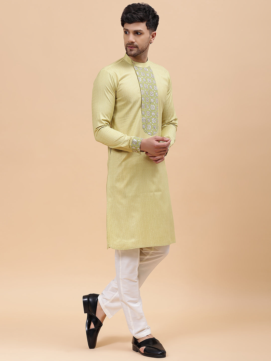 Riwaat.com Men Gold & Green Silk Woven Design Straight Kurta Riwaat Mehendi Silk Woven Design