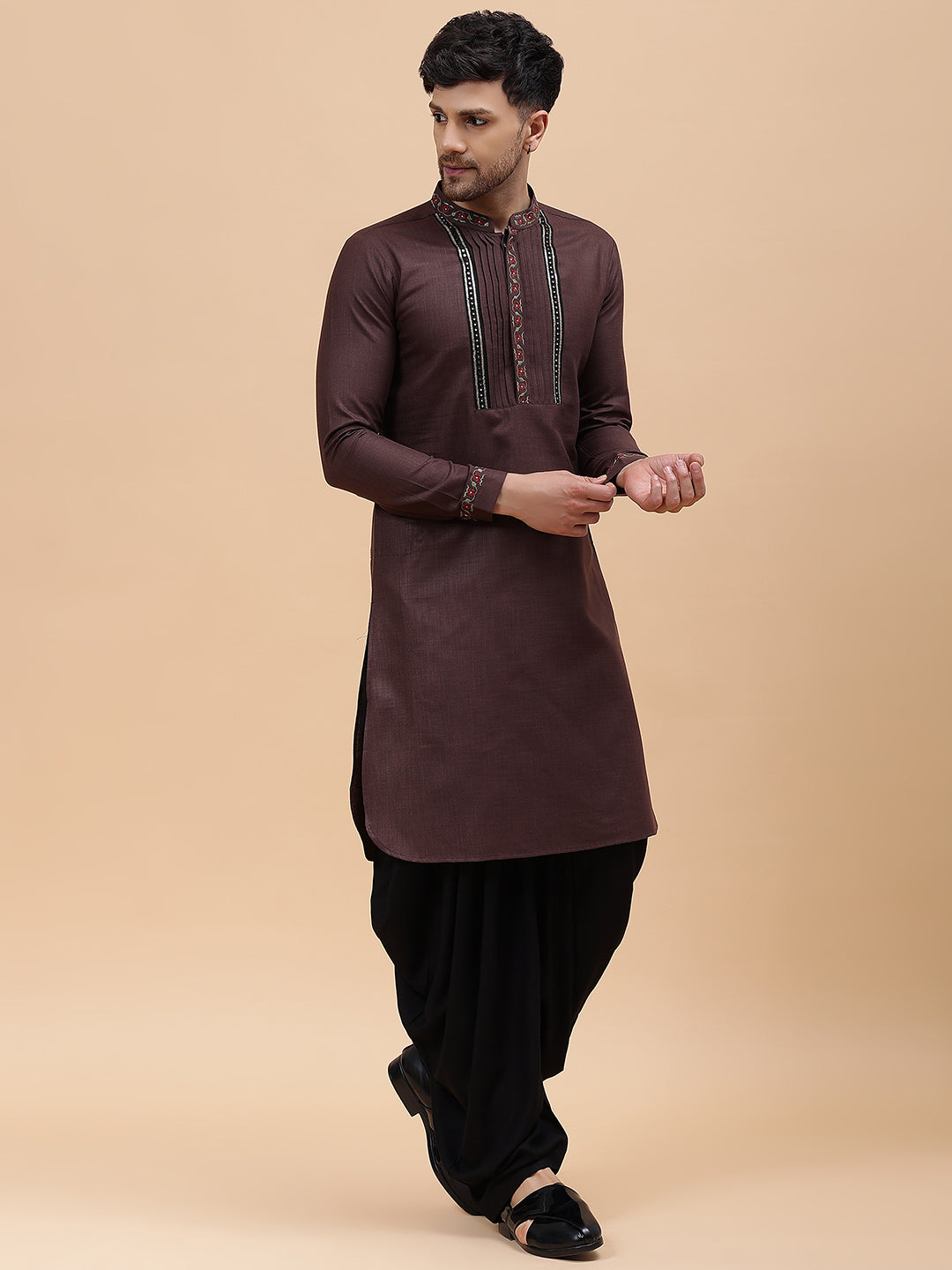 Men Coffee Zari Work Silk Woven Design Straight Kurta With pyjama