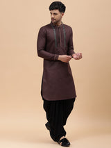 Men Coffee Zari Work Silk Woven Design Straight Kurta With pyjama