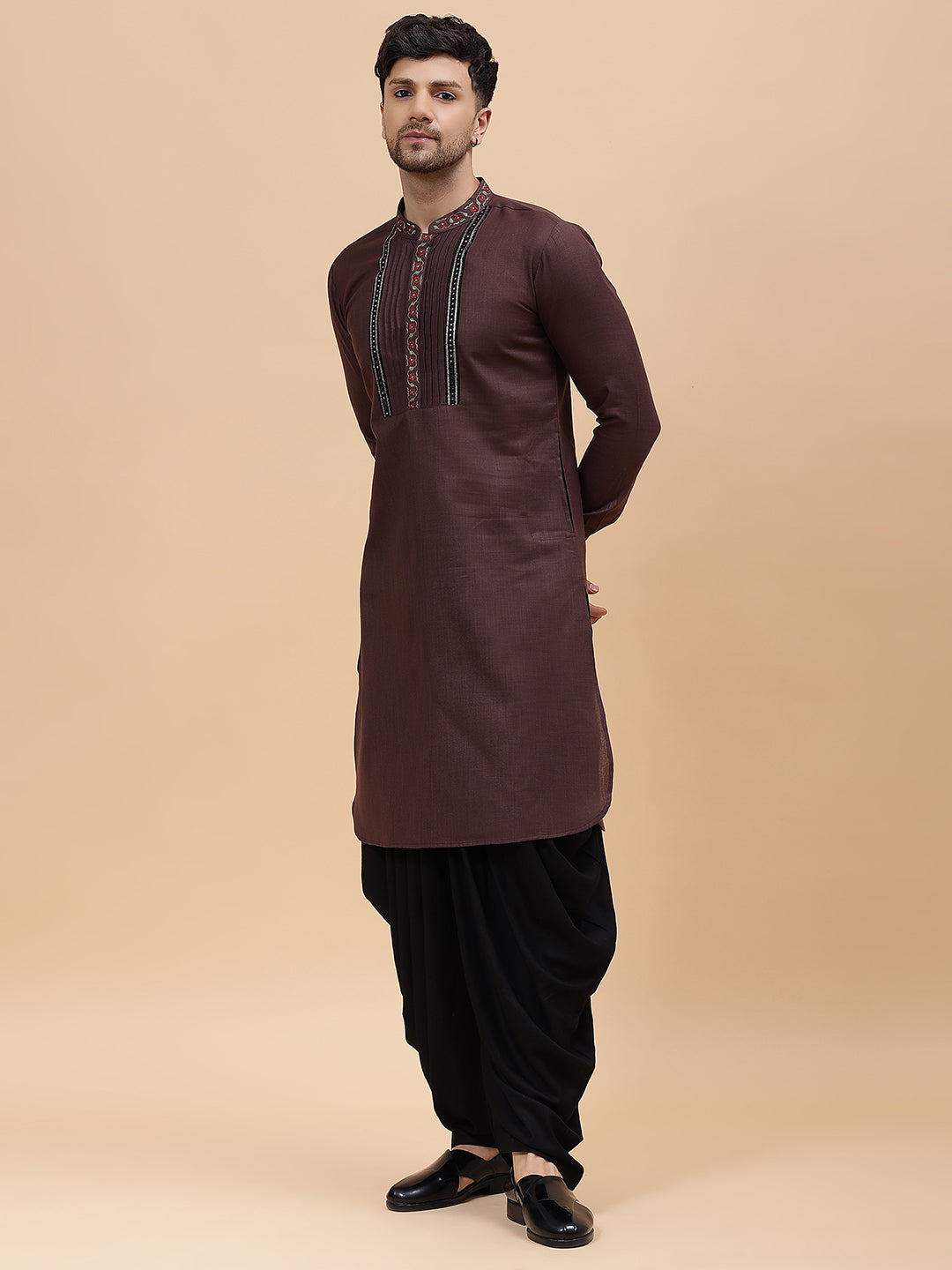 Men Coffee Zari Work Silk Woven Design Straight Kurta With pyjama