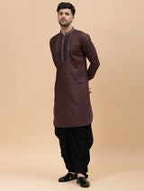 Men Coffee Zari Work Silk Woven Design Straight Kurta With pyjama