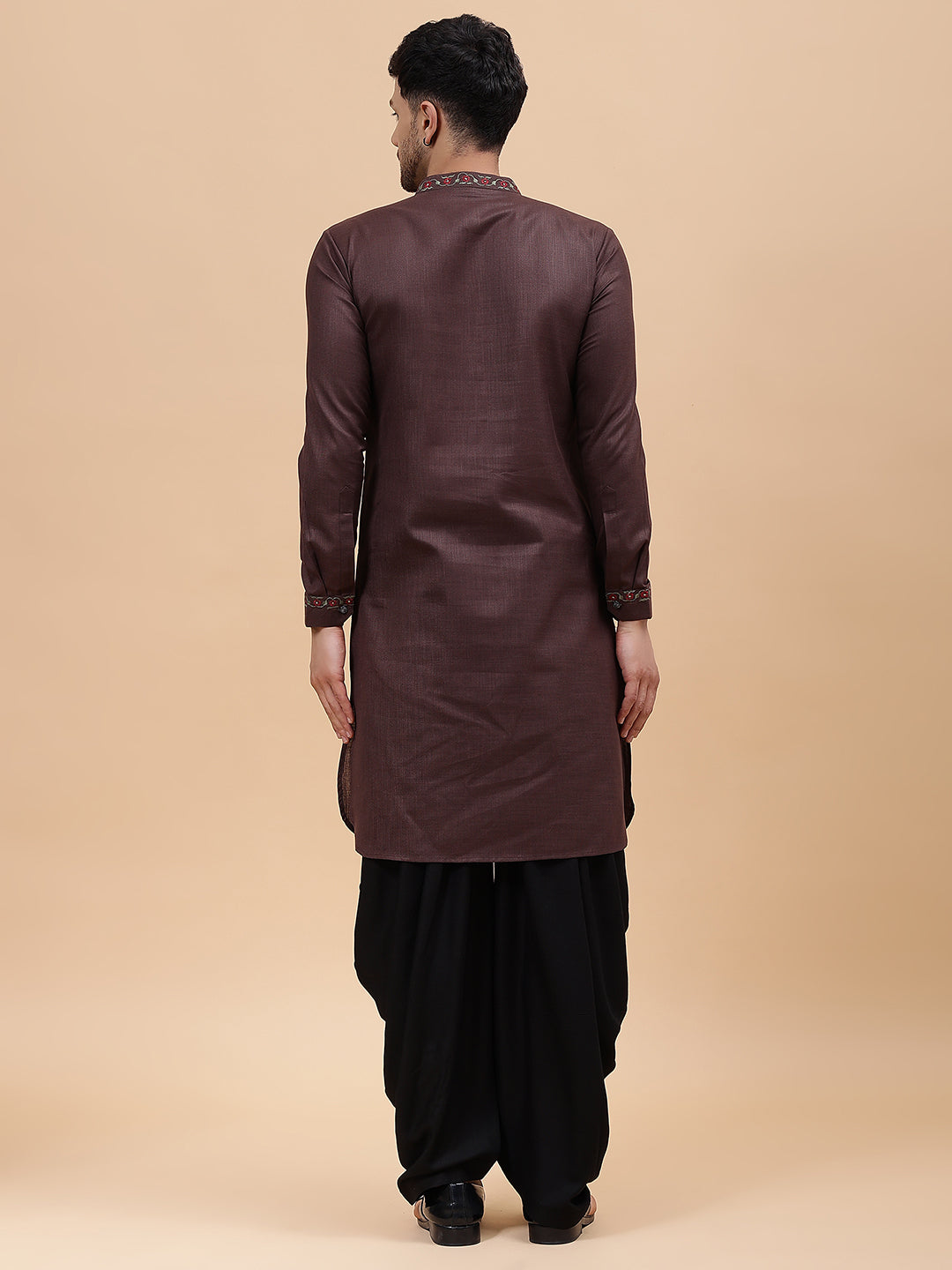 Men Coffee Zari Work Silk Woven Design Straight Kurta With pyjama