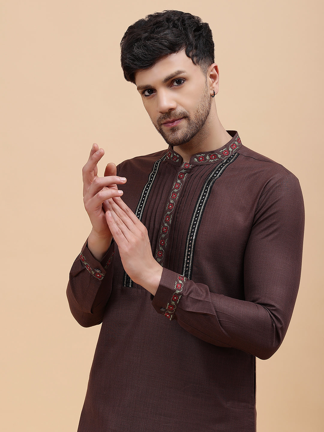 Men Coffee Zari Work Silk Woven Design Straight Kurta With pyjama