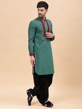 Men Green & Maroon Pure Cotton Embroidered Straight Kurta