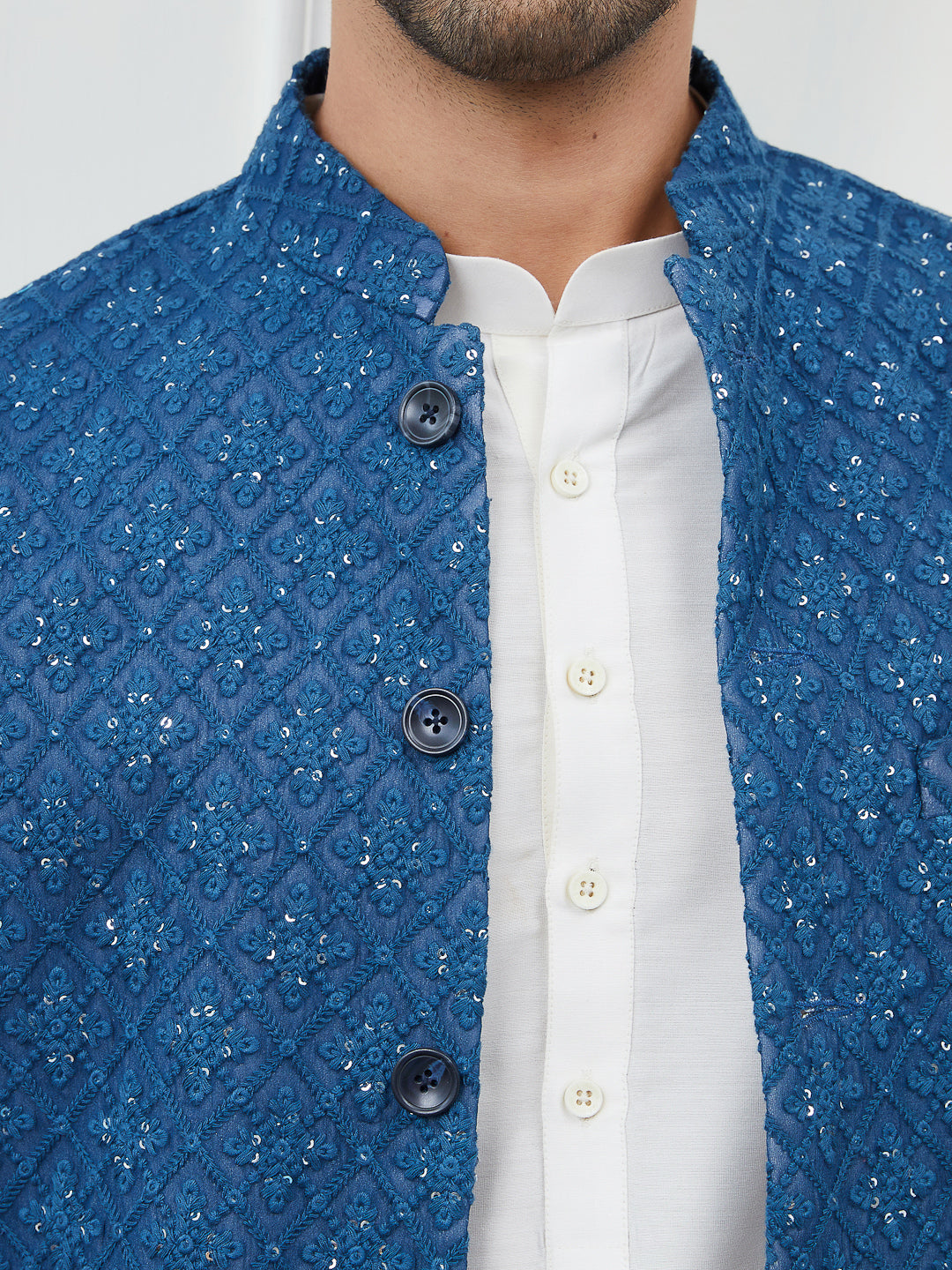 Men Blue Color Woven Design Embroidery With Sequence Cotton Nehru Jacket