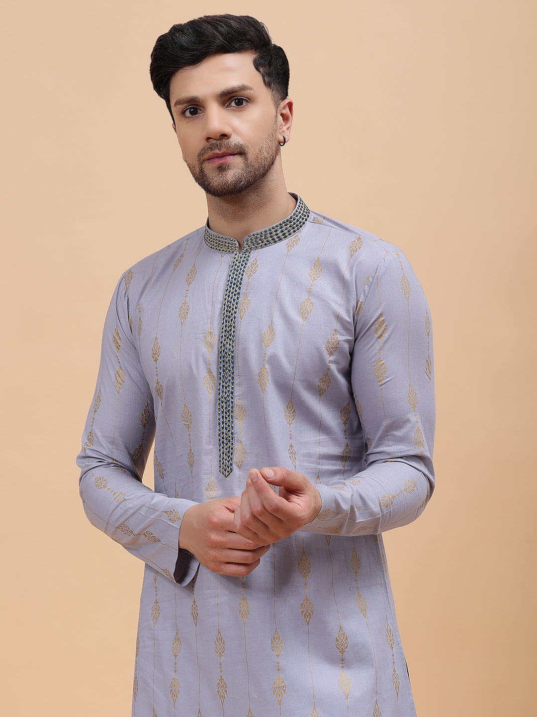 Men Grey & Gold Pure Cotton Embroidered Straight Kurta With pyjama