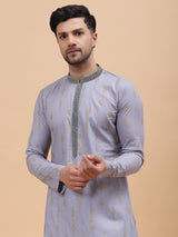 Men Grey & Gold Pure Cotton Embroidered Straight Kurta With pyjama