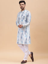 Men White & Blue Pure Cotton Printed Straight Kurta With pyjama