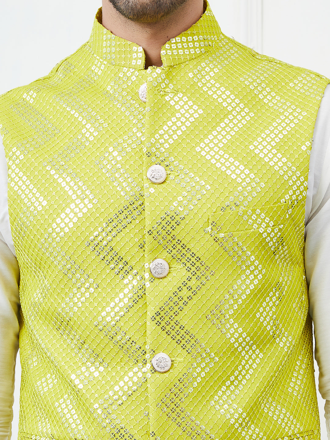 Men Lime Green Color Woven Design Thread Work Sequence Nehru Jacket