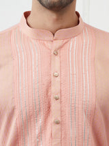 Riwaat.com Men Peach & Gold Thread Work Cotton Kurta Riwaat Thread Work