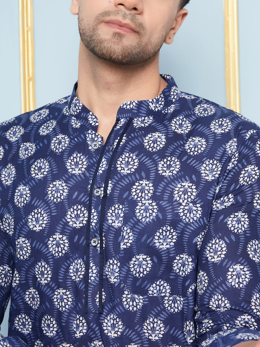 Men Blue White Indigo Printed Cotton Short Kurta