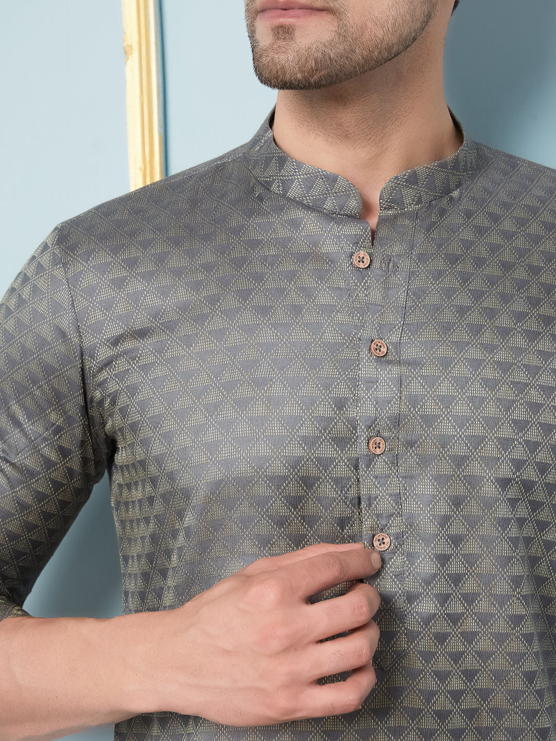Men Charcoal & Gold Woven Design Thread Work Kurta