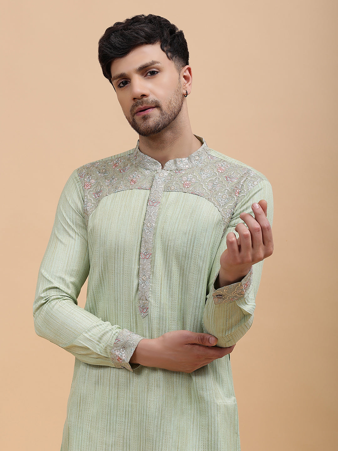 Riwaat.com Men Lime Green & Grey Silk Woven Design Straight Kurta Riwaat Mehendi Printed Woven Design