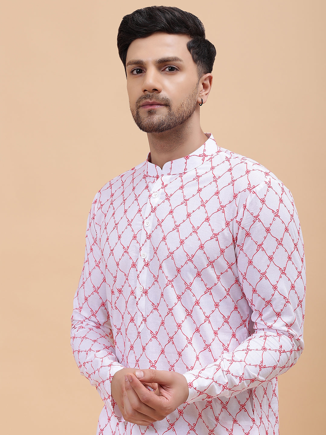 Riwaat.com Men White & Orange Pure Cotton Embroidered Straight Kurta Riwaat Embroidered