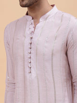 Men Pink Zari Work Silk Woven Design Straight Kurta With pyjama