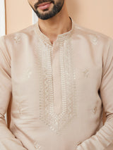 Beige Embroidered Chanderi Silk Straight Kurta with Pyjama