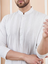 Men Off White Cotton Silk Pintex Design Thread Work Kurta With Pyjama