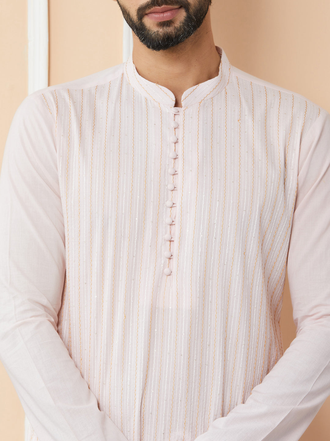 Light Pink Thread & Sequins Worked Pure Cotton Straight Kurta with Pyjama