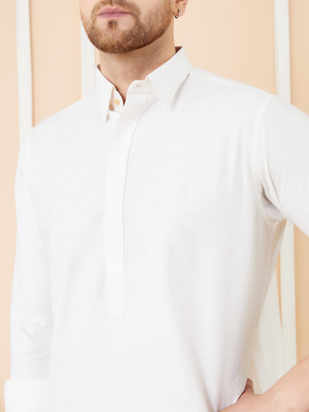 Men Off White Cotton Solid Pathani Kurta with Pyjama