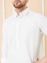 Men Off White Cotton Solid Pathani Kurta with Pyjama