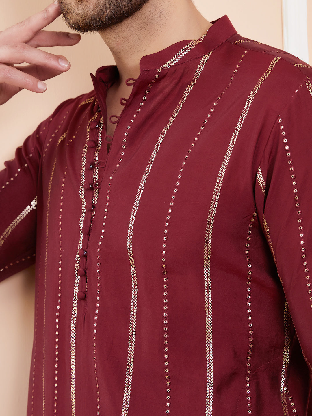 Men Burgundy And Gold Chanderi Silk Sequins Kurta