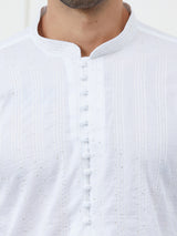 Men White Cotton Thread Work & Sequinses Kurta With Pyjama