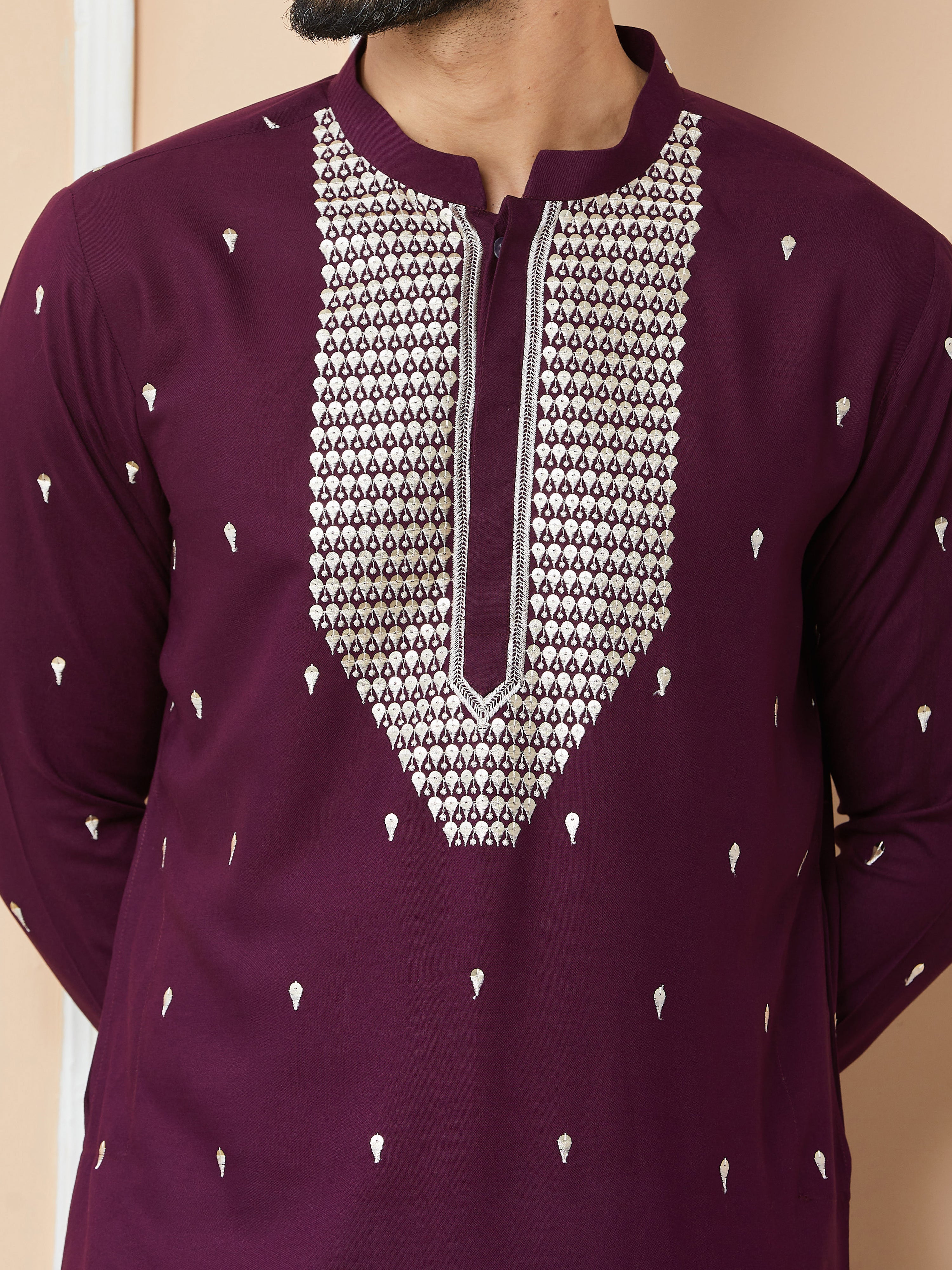 Purple Sequins Embroidered Rayon Straight Kurta with Yoke Design and Pyjama