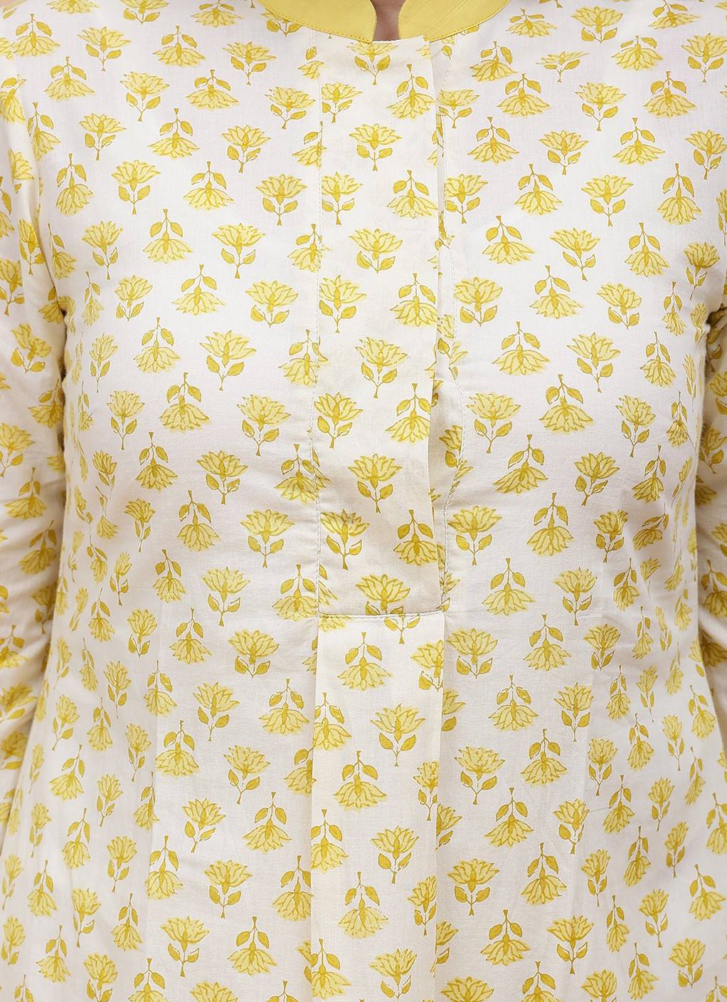 Women Yellow And White Floral Printed Cotton Kurti