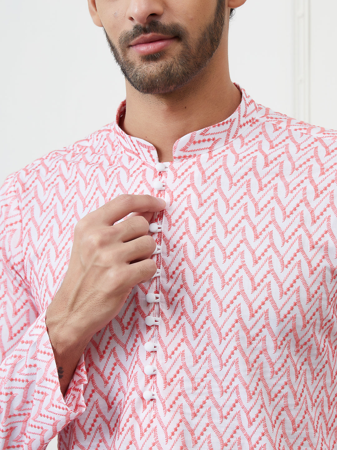Men Orange And White Chikankari Embroidered Cotton Kurta