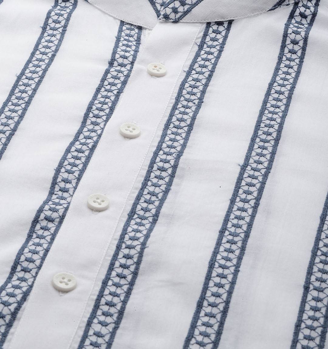 Men White with Navy Blue Vertical Pattern Pure Cotton Embroidered Straight Kurta With Pajama