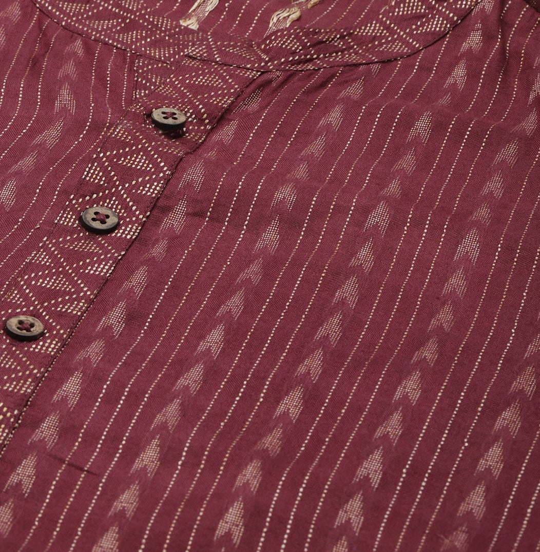 Men Burgundy & Beige Woven Design Thread Work Kurta