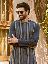 Men Navy Blue with Stripes Pintex Design Sequins Cotton Kurta with Pajama