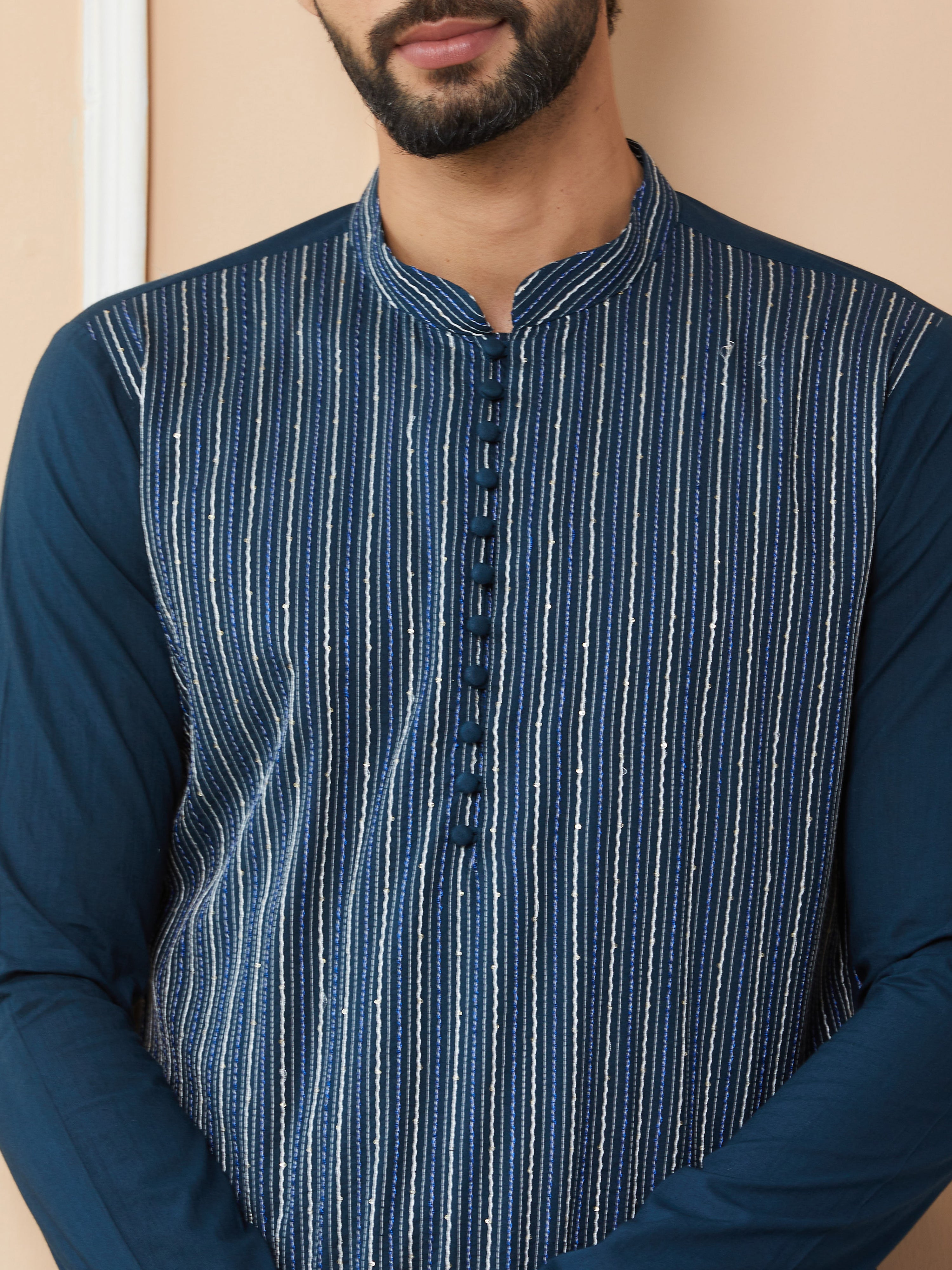 Dark Blue Thread & Sequins Worked Pure Cotton Straight Kurta with Pyjama