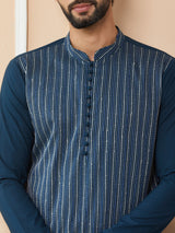 Dark Blue Thread & Sequins Worked Pure Cotton Straight Kurta with Pyjama
