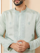 Pastel Green Embroidered Chanderi Silk Straight Kurta with Pyjama