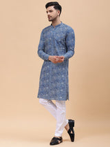 Men Blue Pure Cotton Printed Straight Kurta With pyjama