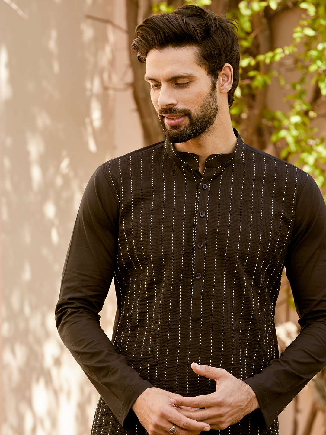 Men Black Cotton Pintex Design Thread Work Kurta With Pajama