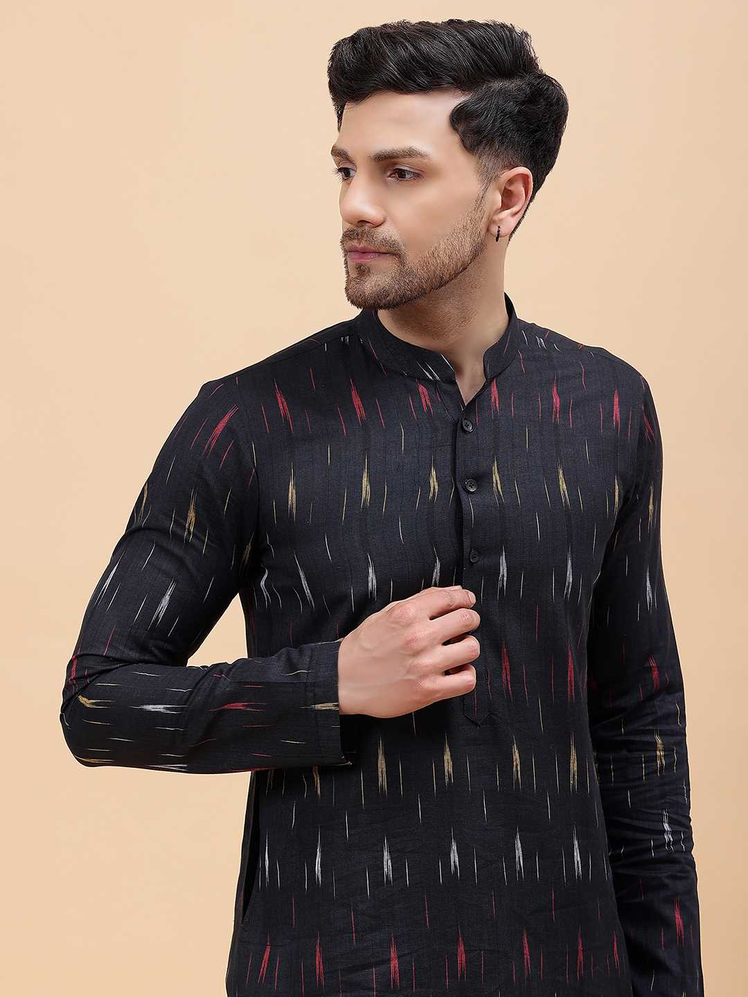 Men Black & Red Pure Cotton Printed Straight Kurta