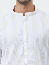 Men White Cotton Gold Thread Work Kurta With Pyjama