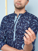 Men Blue Indigo Printed Cotton Short Kurta