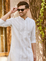 Men Cream Cotton Silk Pintex Design Thread Work Kurta