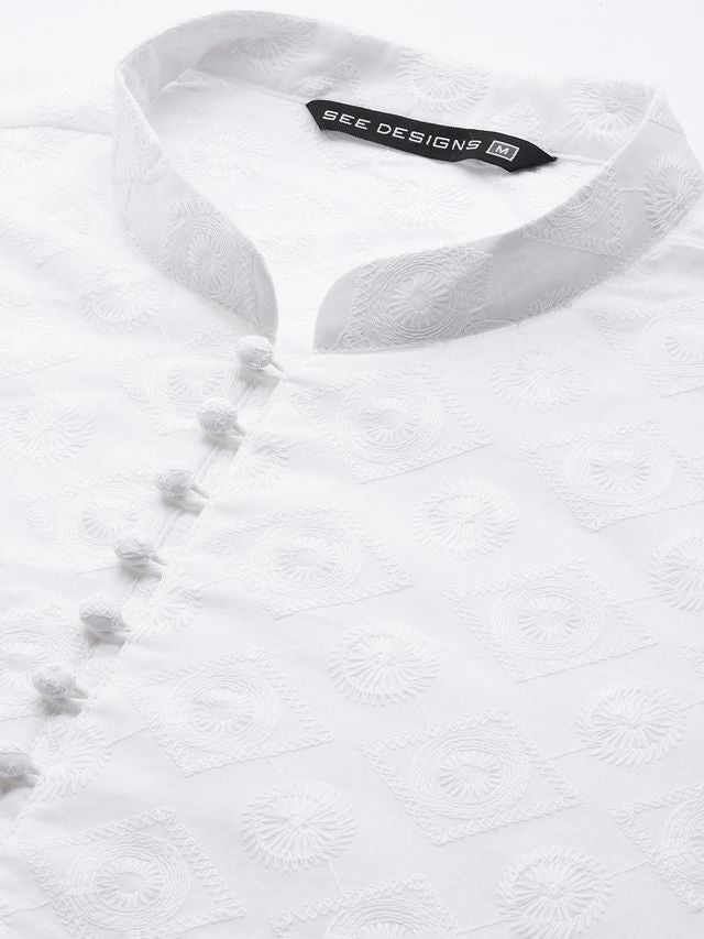 Men White Pure Cotton Chikankari Embroidered Straight Kurta With Pyjama