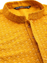 Men Mustard Floral Embroidered Sequins Rayon Kurta With pyjama