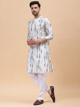 Men White & Blue Pure Cotton Printed Straight Kurta With pyjama