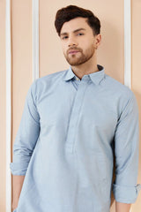 Men Blue Cotton Solid Pathani Kurta