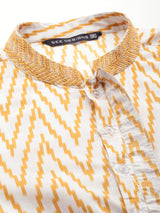 Men White & Mustard Pure Cotton Embroidered Straight Kurta